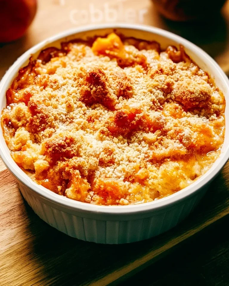 Delicious homemade Peach Cobbler with fresh peaches and golden crust