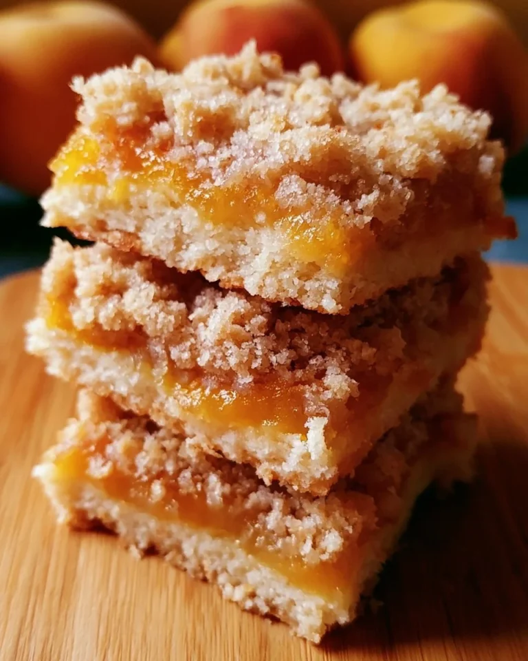 Delicious homemade Peach Crumb Bars topped with golden crumbles.