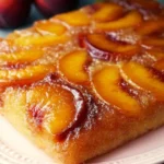 Delicious peach upside-down cake with caramelized peaches and golden crust