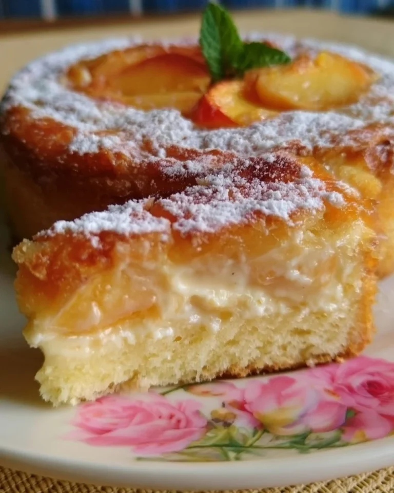A delicious Peaches and Cream Cake topped with fresh peach slices and whipped cream