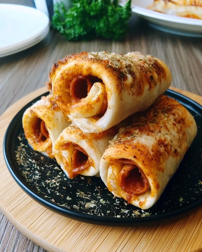 Plate of homemade Pepperoni Pizza Rolls, golden brown and delicious