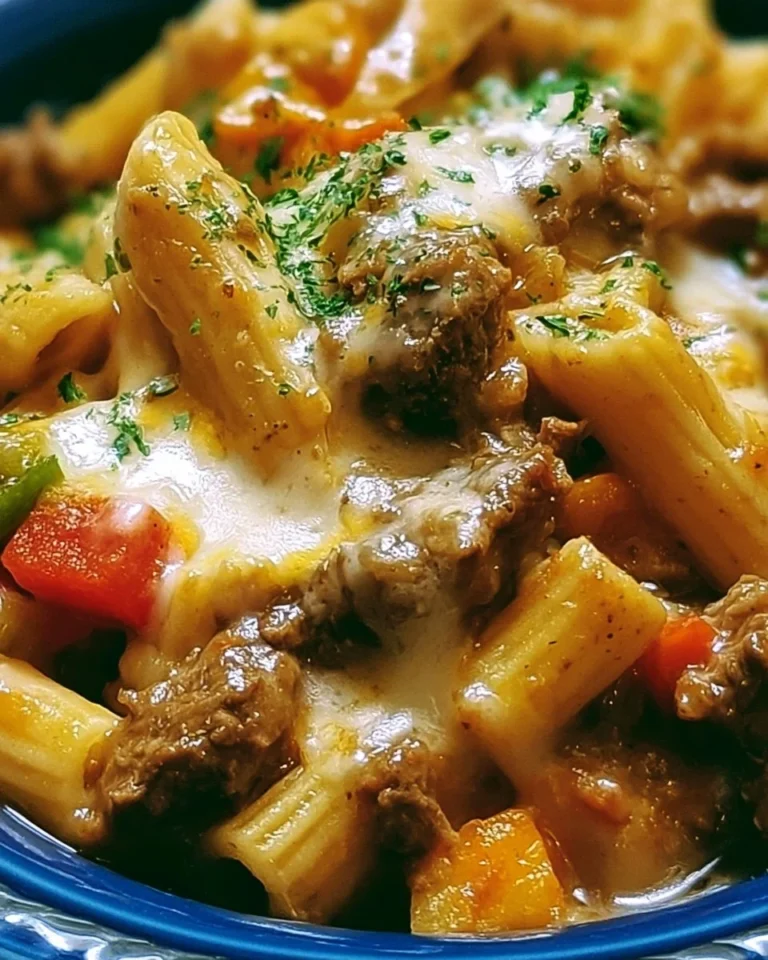 Philly cheesesteak pasta served in a bowl with bell peppers and cheese