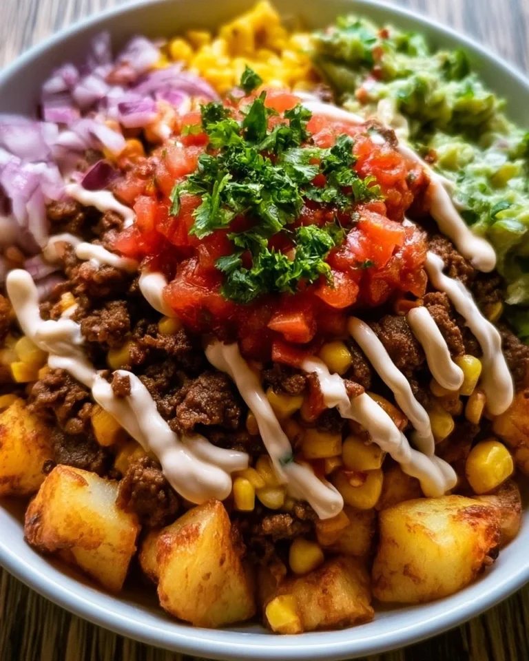 Delicious Potato Taco Bowl topped with fresh ingredients and spices