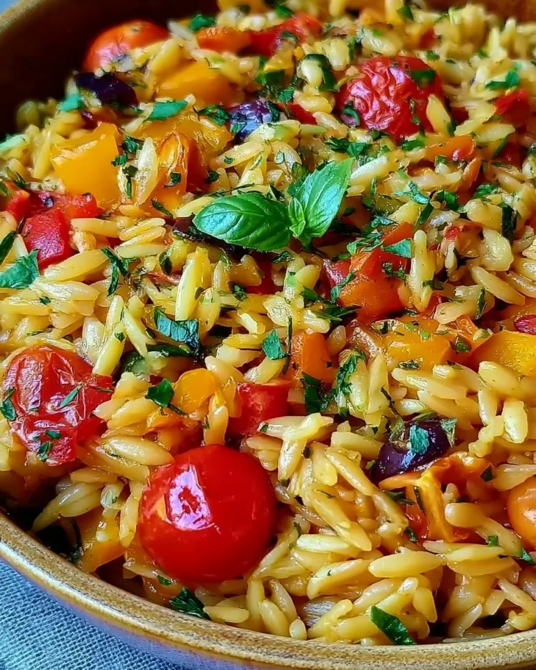 Bowl of roasted vegetable orzo topped with fresh herbs and colorful veggies