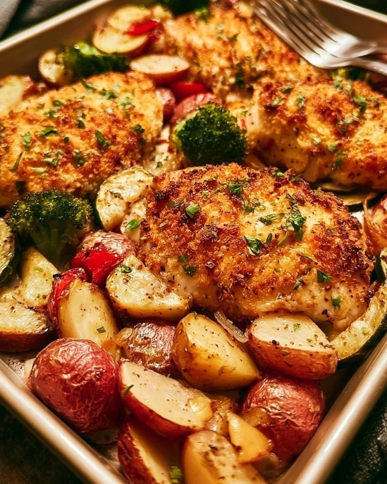 Sheet pan meal featuring oven-baked parmesan chicken with vegetables