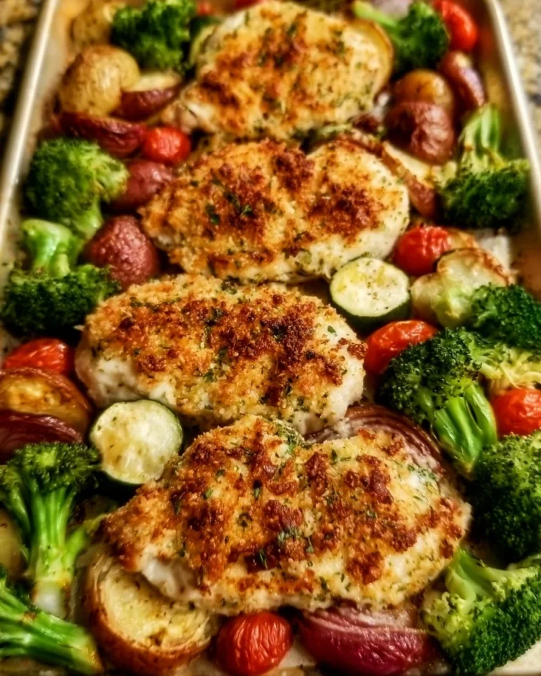 Sheet Pan Parmesan-Crusted Chicken Dinner with vegetables on a baking sheet