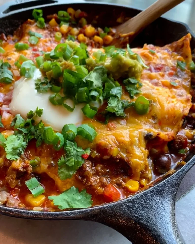 Delicious Skillet Beef Enchiladas topped with cheese and green onions