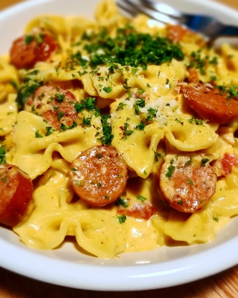 Delicious Smoked Sausage Cheddar Pasta served in a bowl with garnish