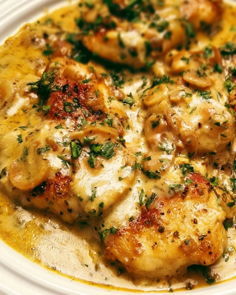 Sour cream and onion chicken recipe served on a plate with herbs