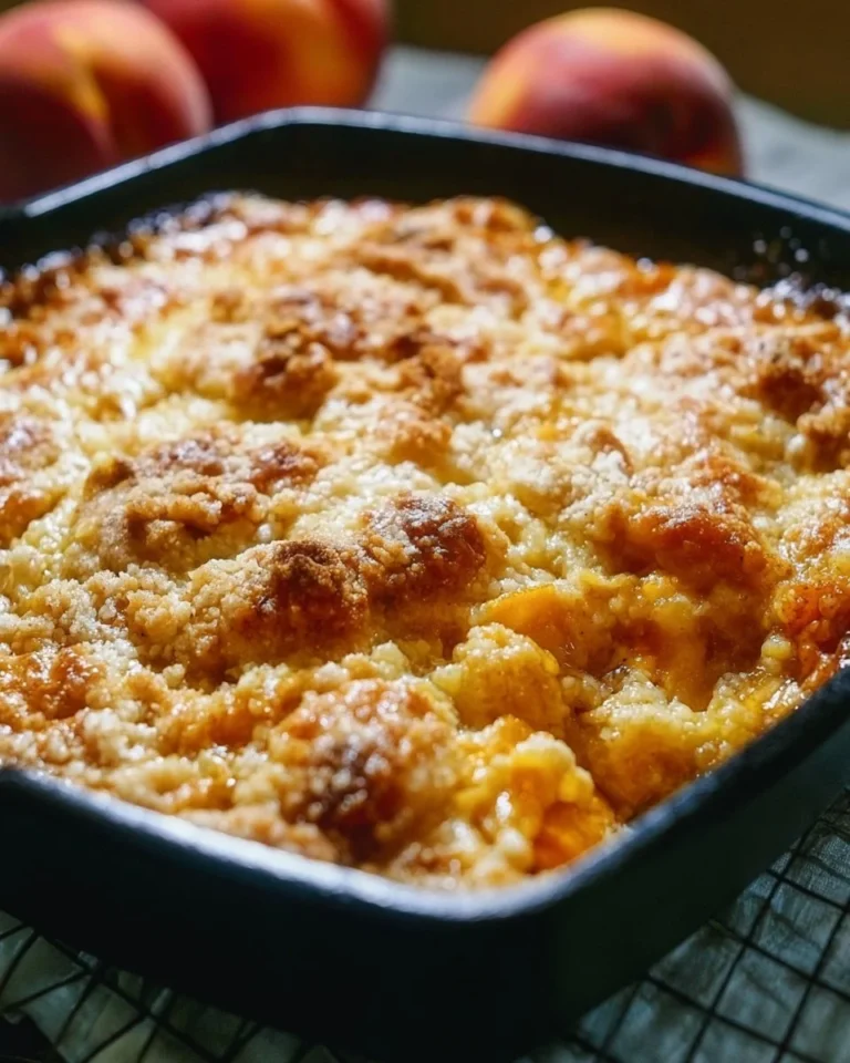Southern peach cobbler baked with fresh peaches and a golden crust
