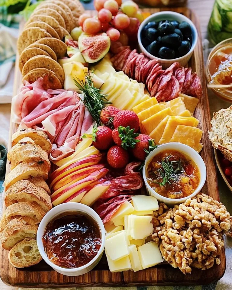 Colorful summer charcuterie board with fruits, cheeses, and meats for grazing
