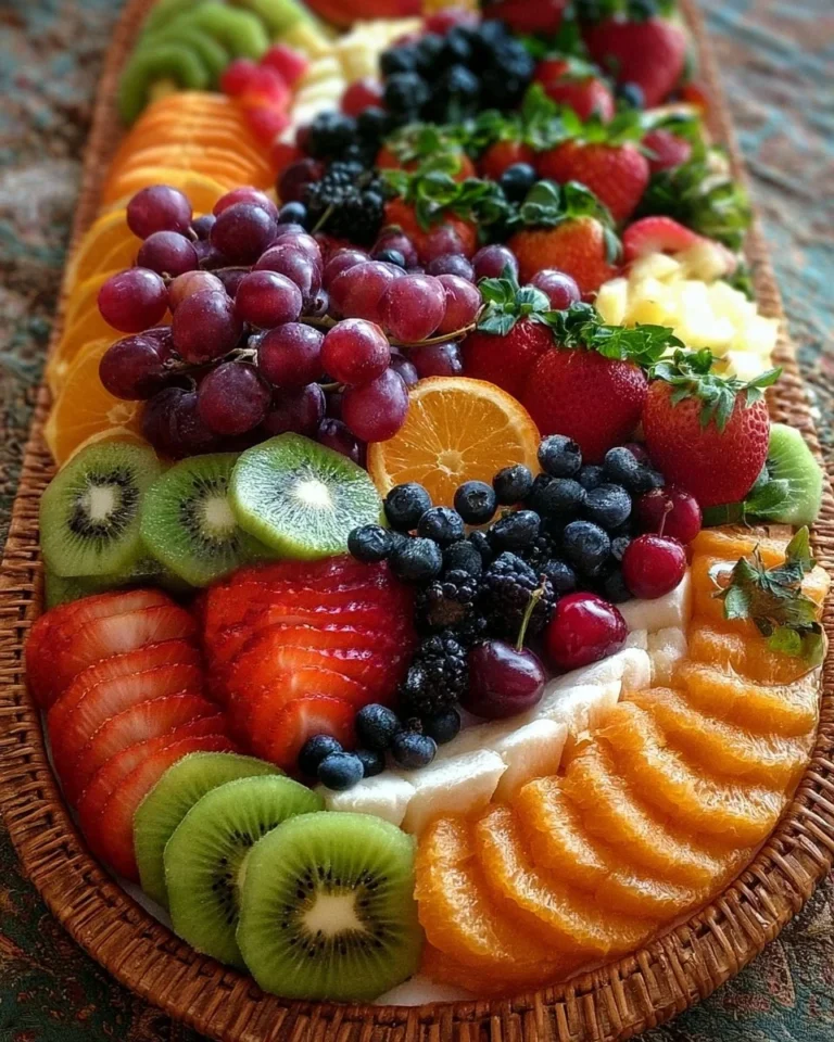 A beautiful summer fruit charcuterie board featuring vibrant seasonal fruits.