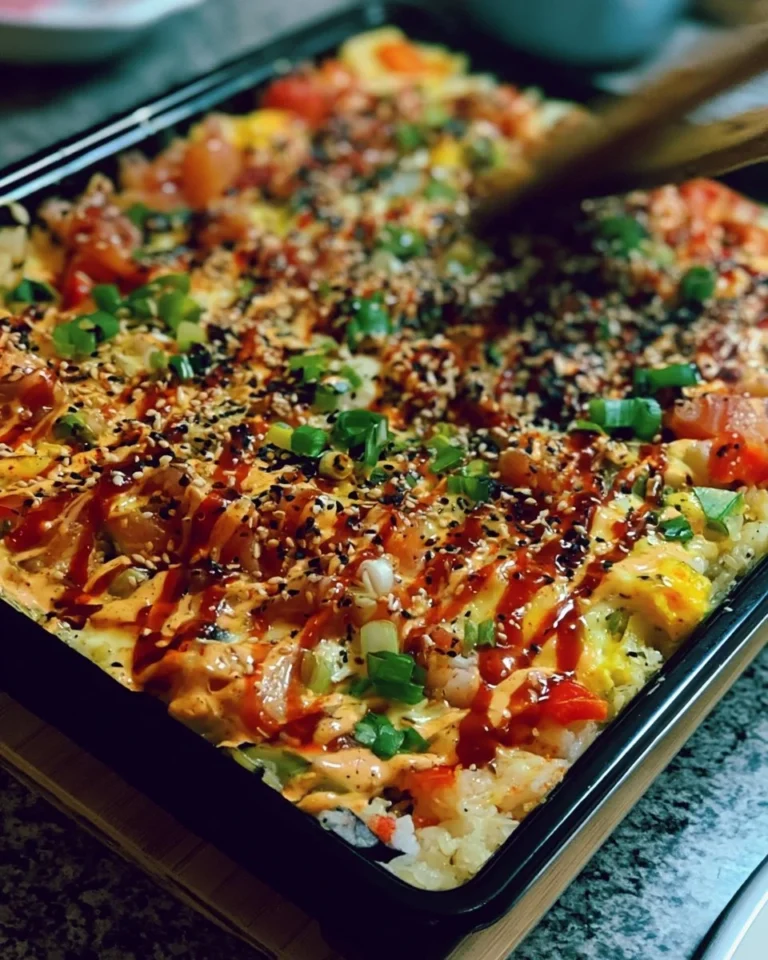 A delectable sushi bake dish served in a ceramic dish with toppings and garnishes.