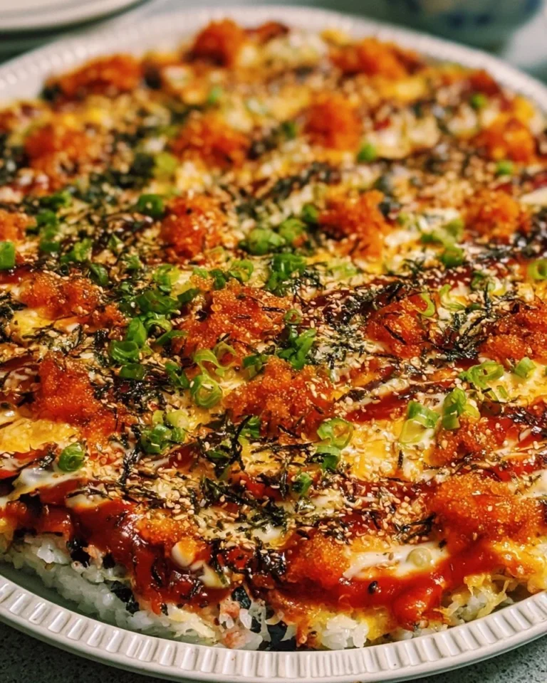 A deliciously baked sushi casserole with seafood and rice topped with green onions