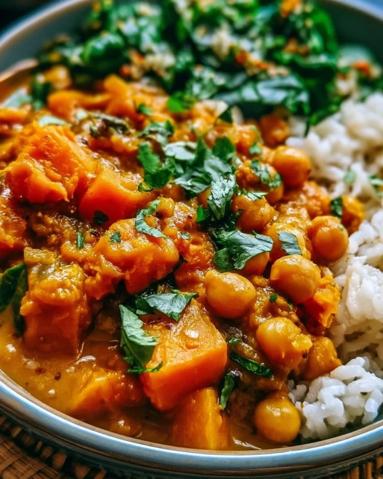 Sweet potato and chickpea curry served in a bowl with fresh herbs