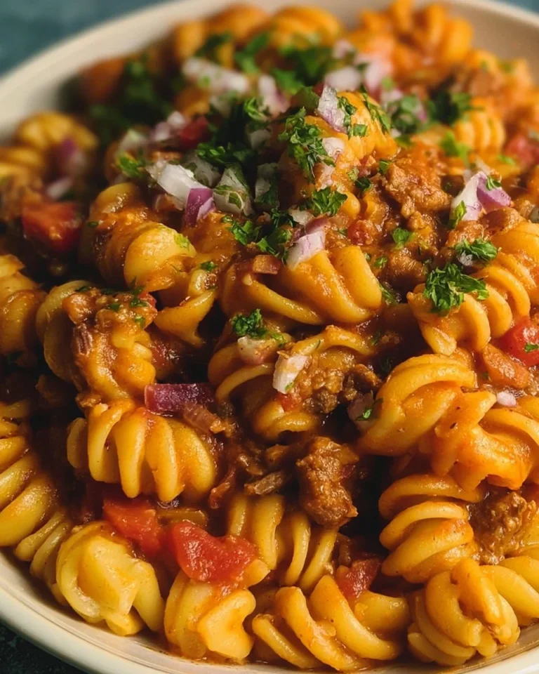 High protein taco pasta dish with colorful vegetables and taco seasoning