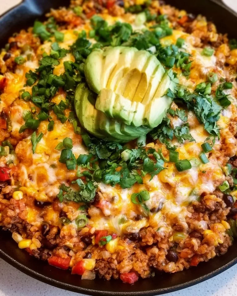 Taco rice skillet with cheese garnished with fresh toppings