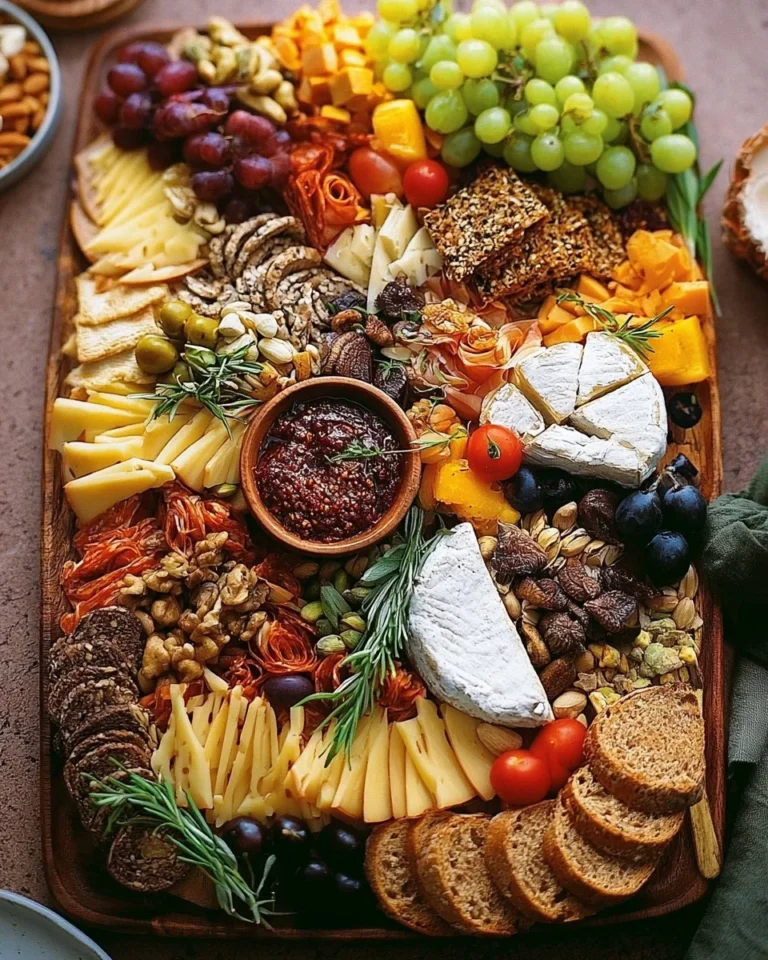 A beautifully arranged vegan charcuterie board with assorted plant-based snacks.