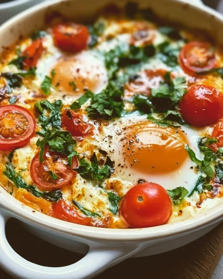 Delicious Tomato Spinach Feta baked eggs in a skillet