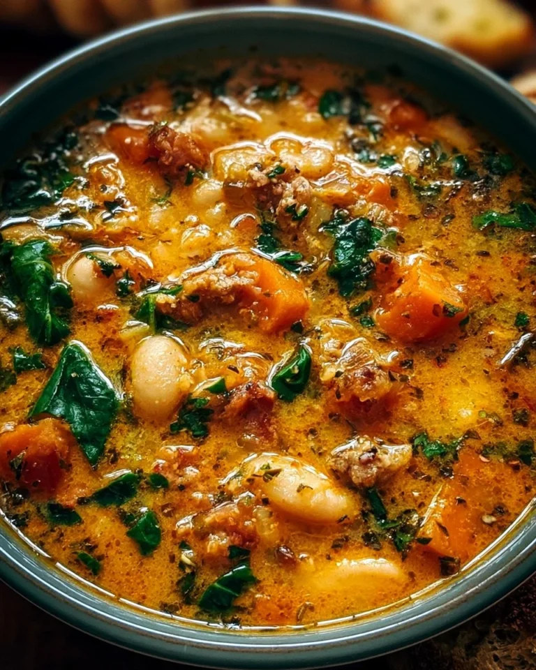 Bowl of Tuscan-Style white bean soup garnished with herbs and spices.