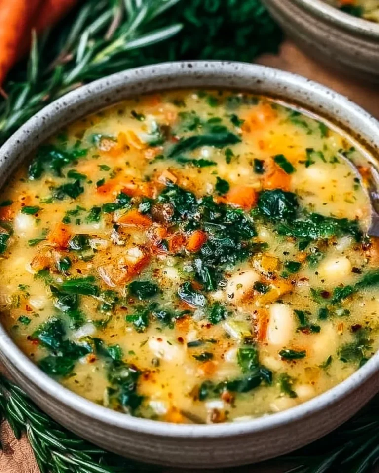 Bowl of Vegan Tuscan White Bean Soup garnished with herbs