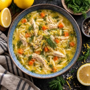 Bowl of Avgolemono, Greek lemon chicken soup with chicken, lemon, and herbs