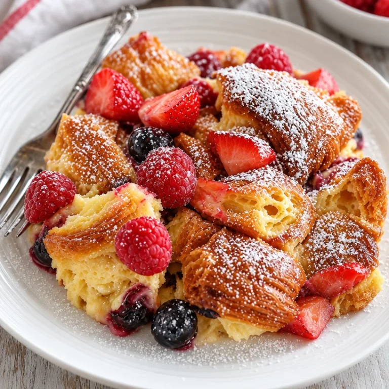 Berry croissant bake topped with fresh berries and powdered sugar.
