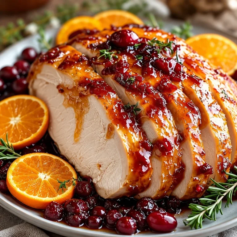 Cranberry orange glazed turkey breast on a festive dinner table