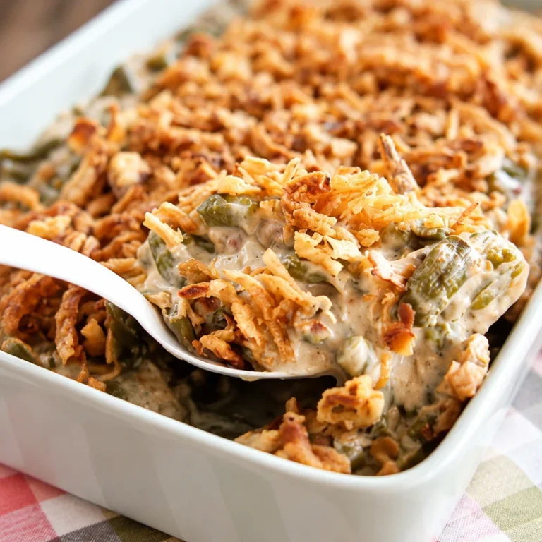 Delicious green bean casserole topped with crispy onions and creamy sauce