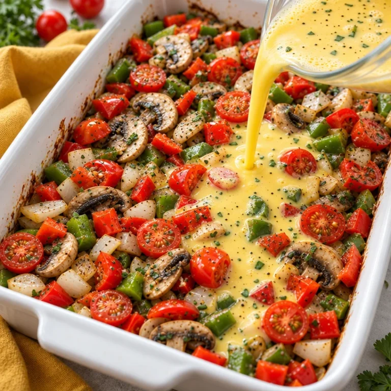 Delicious veggie breakfast casserole with colorful vegetables and cheese