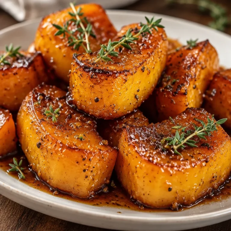 Plate of brown sugar roasted butternut squash, garnished for fall dining