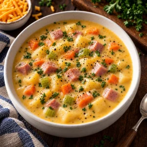 Bowl of delicious Canadian cheese soup garnished with herbs