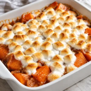 A bowl of delicious candied yams topped with marshmallows and syrup