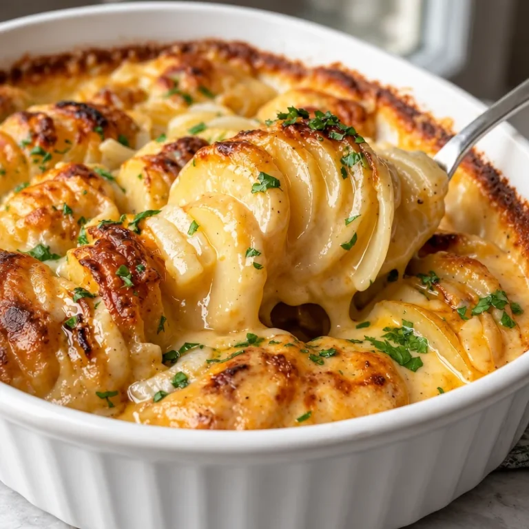 Cheesy au gratin potatoes served as a side dish for Thanksgiving dinner