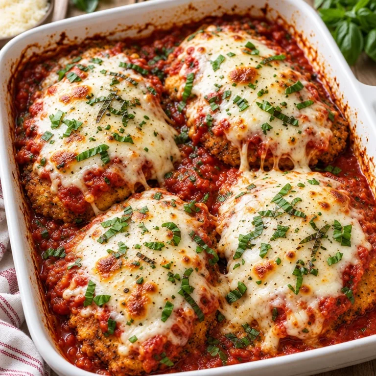 Delicious homemade Chicken Parmesan served with marinara sauce and pasta