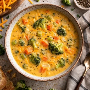 Bowl of copycat Panera broccoli cheddar soup topped with fresh herbs