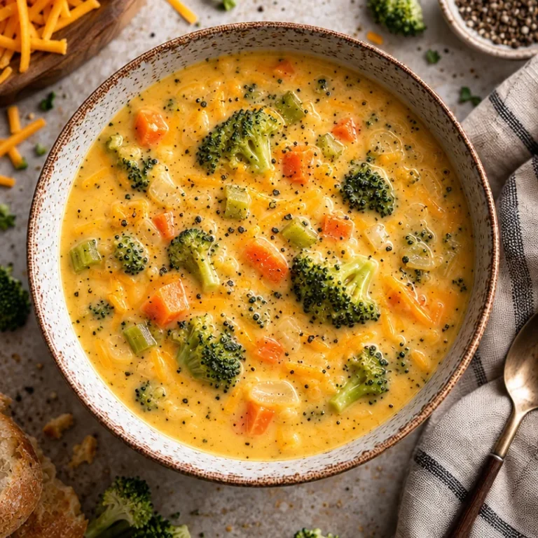 Bowl of copycat Panera broccoli cheddar soup topped with fresh herbs