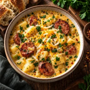 Bowl of creamy Kielbasa and Potato Soup garnished with herbs