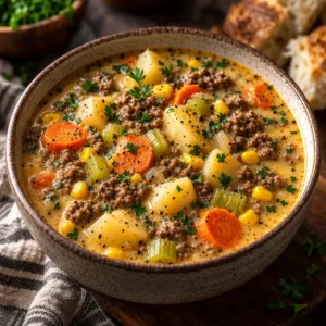 Creamy potato and hamburger soup in a bowl, topped with herbs.