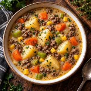 Bowl of creamy potato hamburger soup with fresh herbs on top