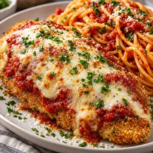 Delicious oven baked chicken parmesan served with marinara sauce and spaghetti