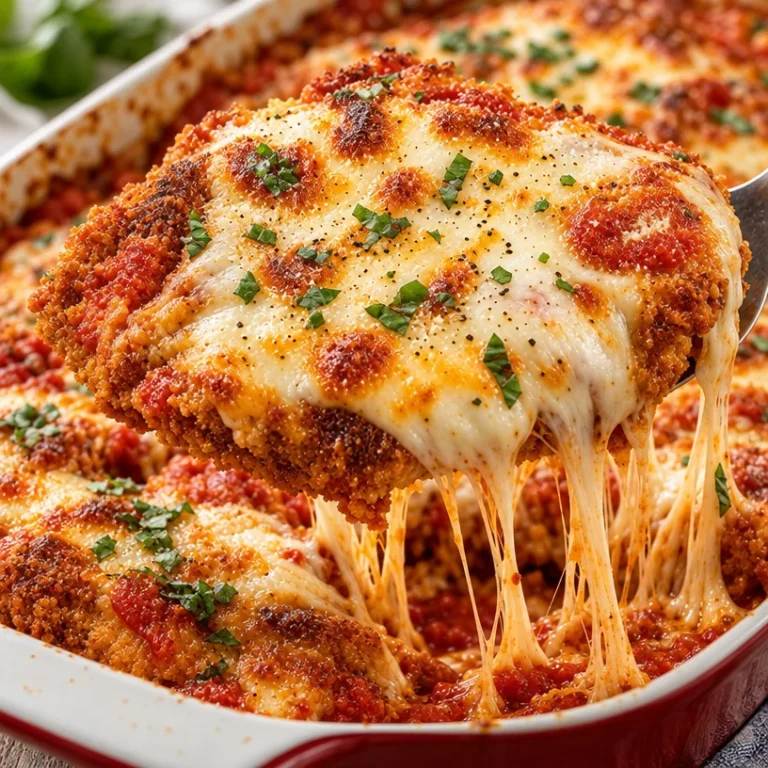 Delicious easy cheesy chicken parmesan dish served with pasta.