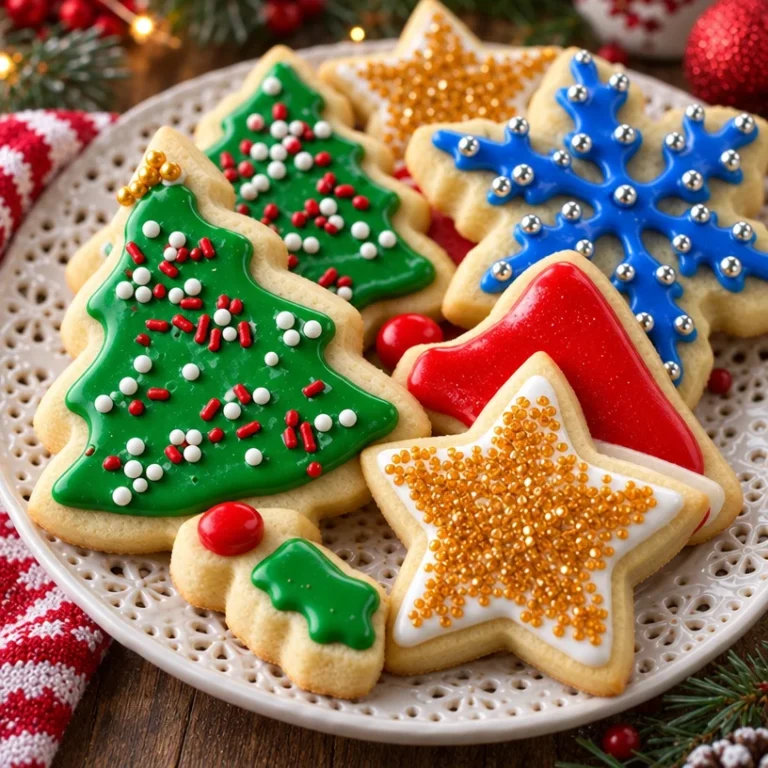 Decorated Christmas cut out sugar cookies on a festive platter.