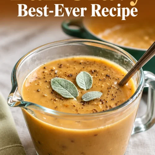 Best-ever homemade fall gravy recipe served over turkey and mashed potatoes