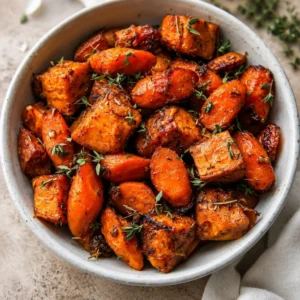 Bowl of easy roasted sweet potatoes and carrots garnished with herbs
