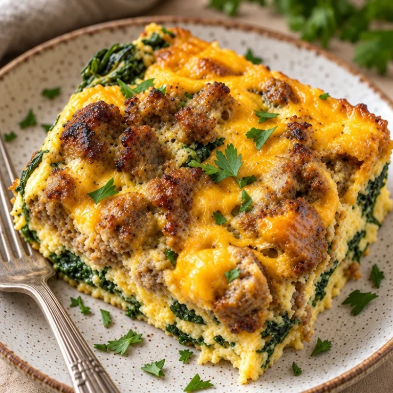 Easy sausage and egg keto breakfast casserole with spinach for a healthy meal.