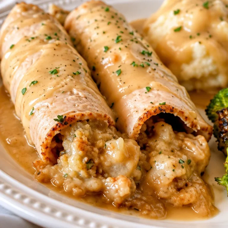 Easy Turkey Roll Ups with creamy gravy and stuffing, perfect for a comforting meal.