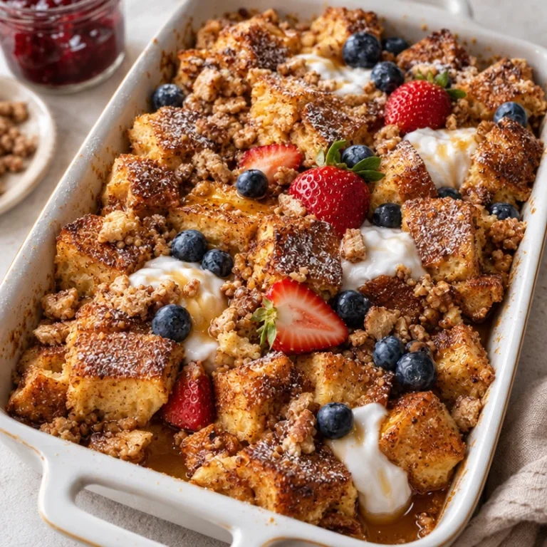 Easy vegan French toast casserole recipe, custardy and crispy breakfast dish.