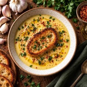 A bowl of creamy Garlic Soup Velouté garnished with fresh herbs.
