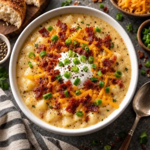 Creamy Outback Steakhouse potato soup topped with cheese and bacon